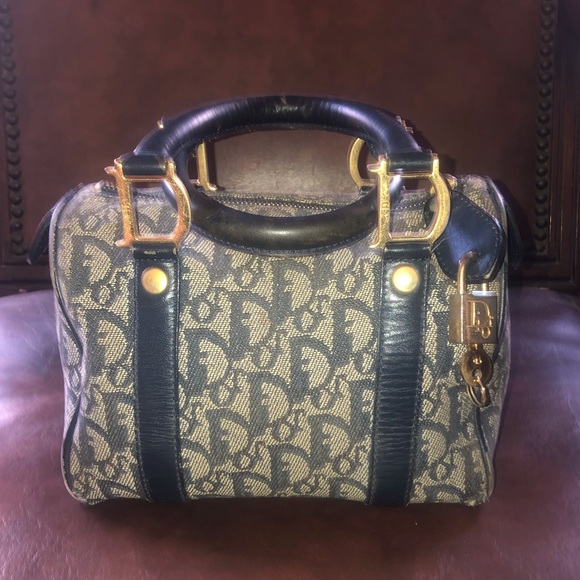 Christian Dior] Blue Logo Denim Leather Boston bag with lock + key - Picture 2 of 16